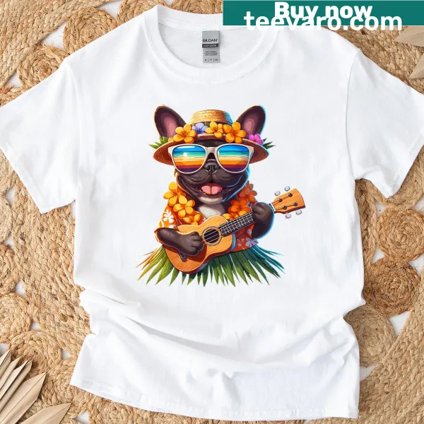 Illustration of a bulldog playing guitar on a summer-themed T-shirt.