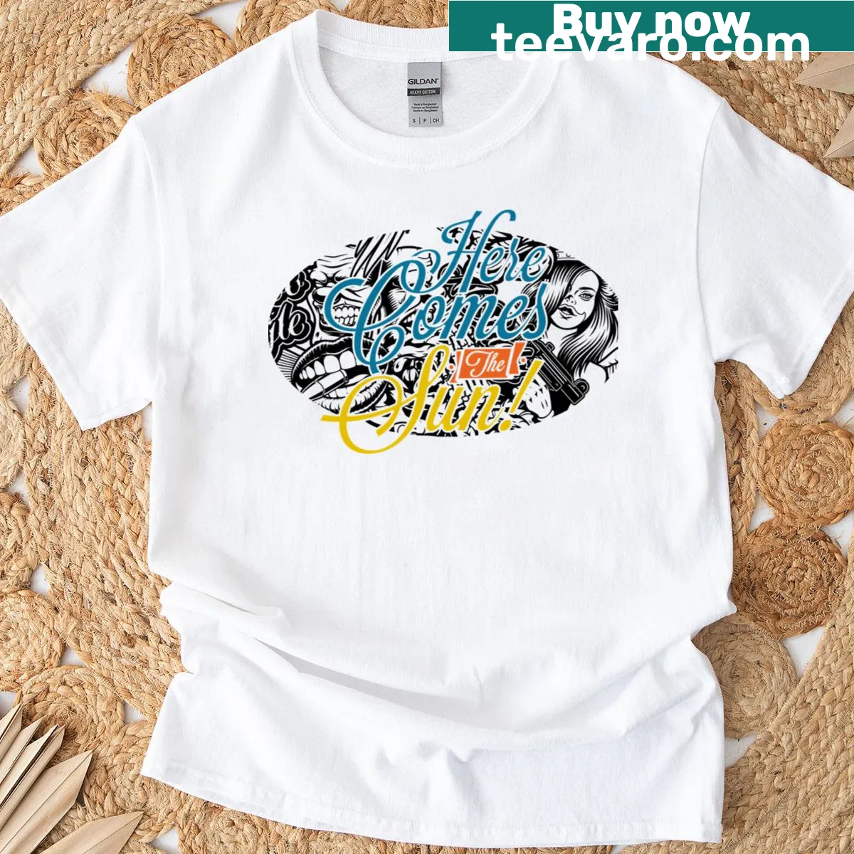 Retro typography t-shirt with the phrase Here Comes The Sun — on a men's t-shirt