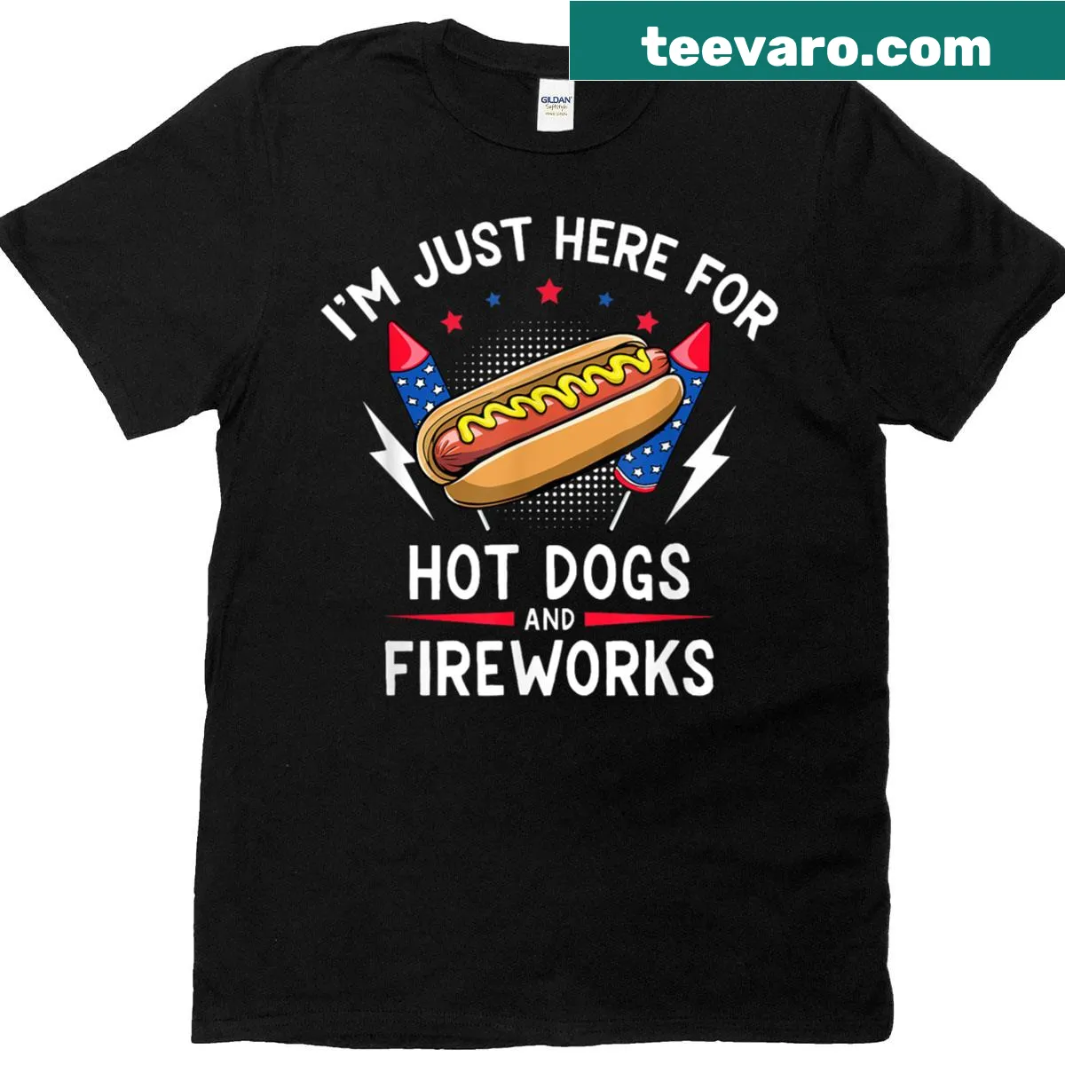 Funny 4th of July shirt with 'Here For Hot Dogs And Fireworks' text — on a men's t-shirt