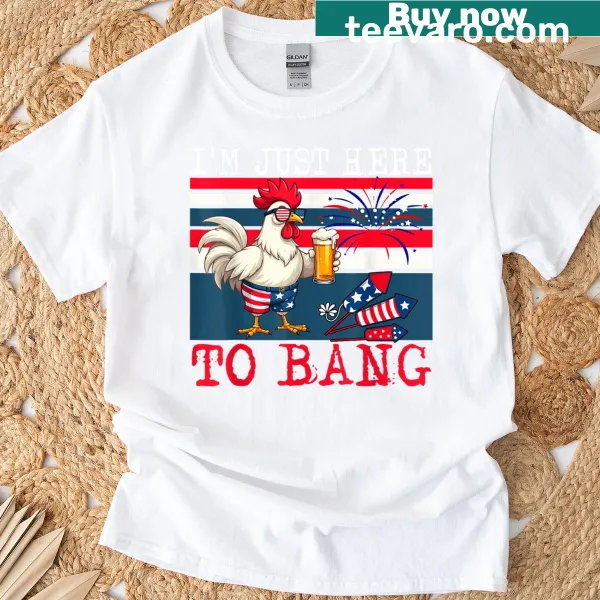 Illustration of a rooster with the US flag and beer on a t-shirt