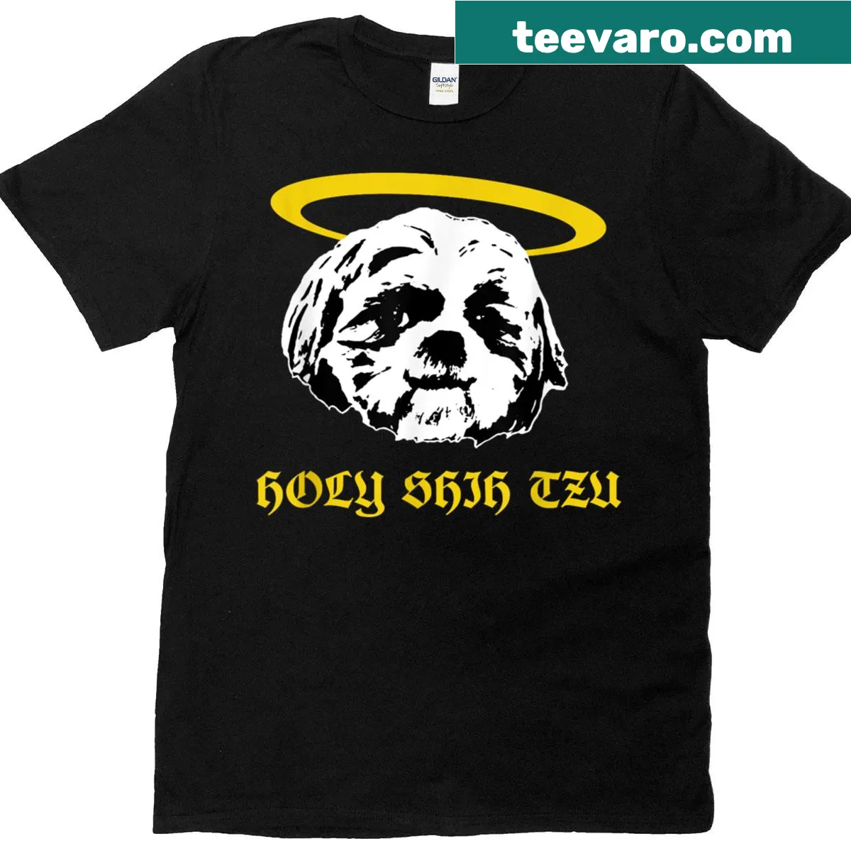 Funny Shih Tzu with angel halo graphic on T-shirt — on a men's t-shirt