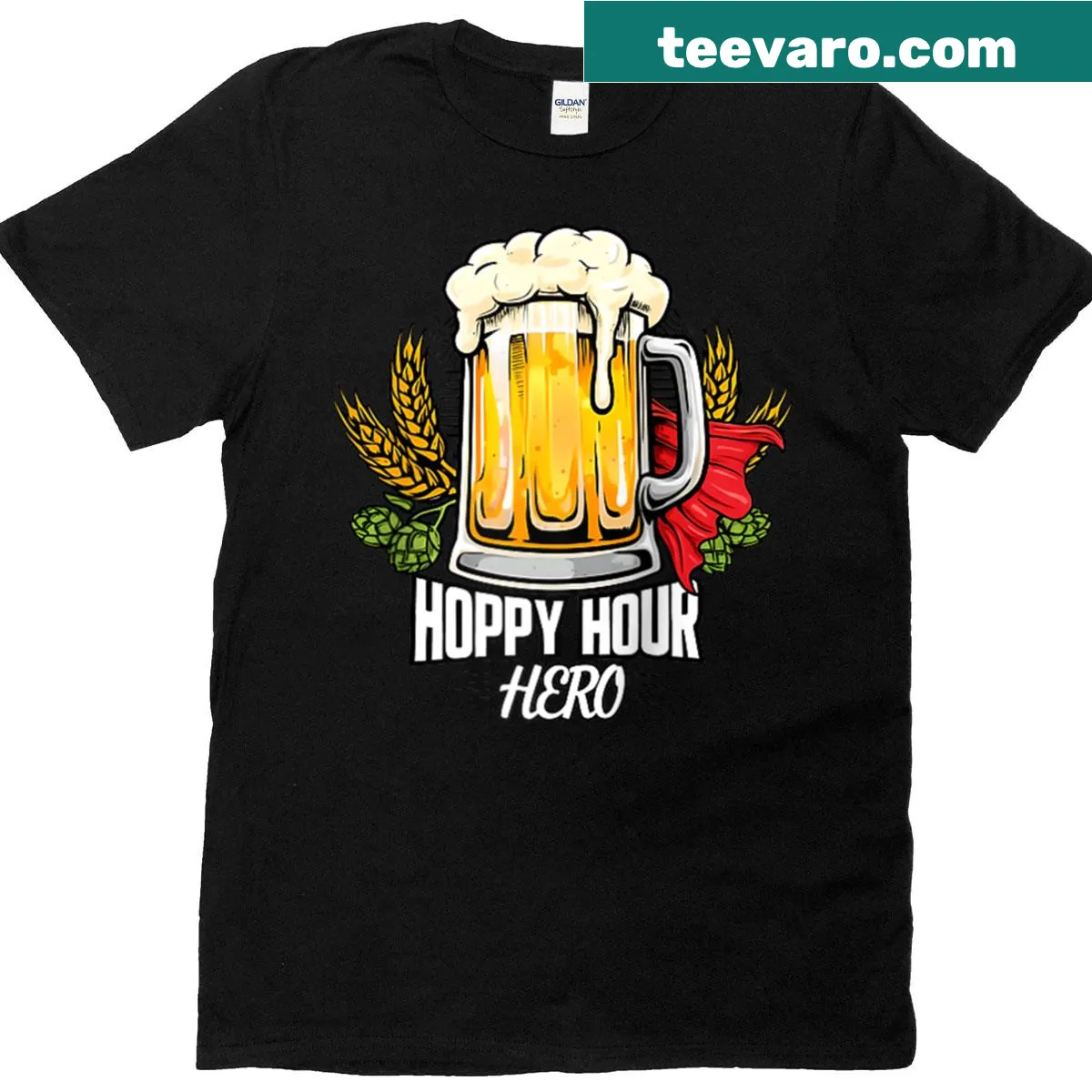 Funny beer lover T-shirt with 'Hoppy Hour Hero' text — on a men's t-shirt
