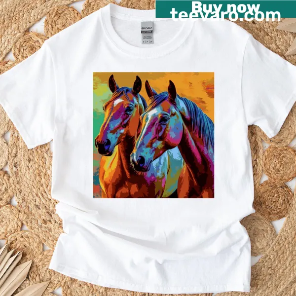 Pop-art style graphic of horses on a t-shirt