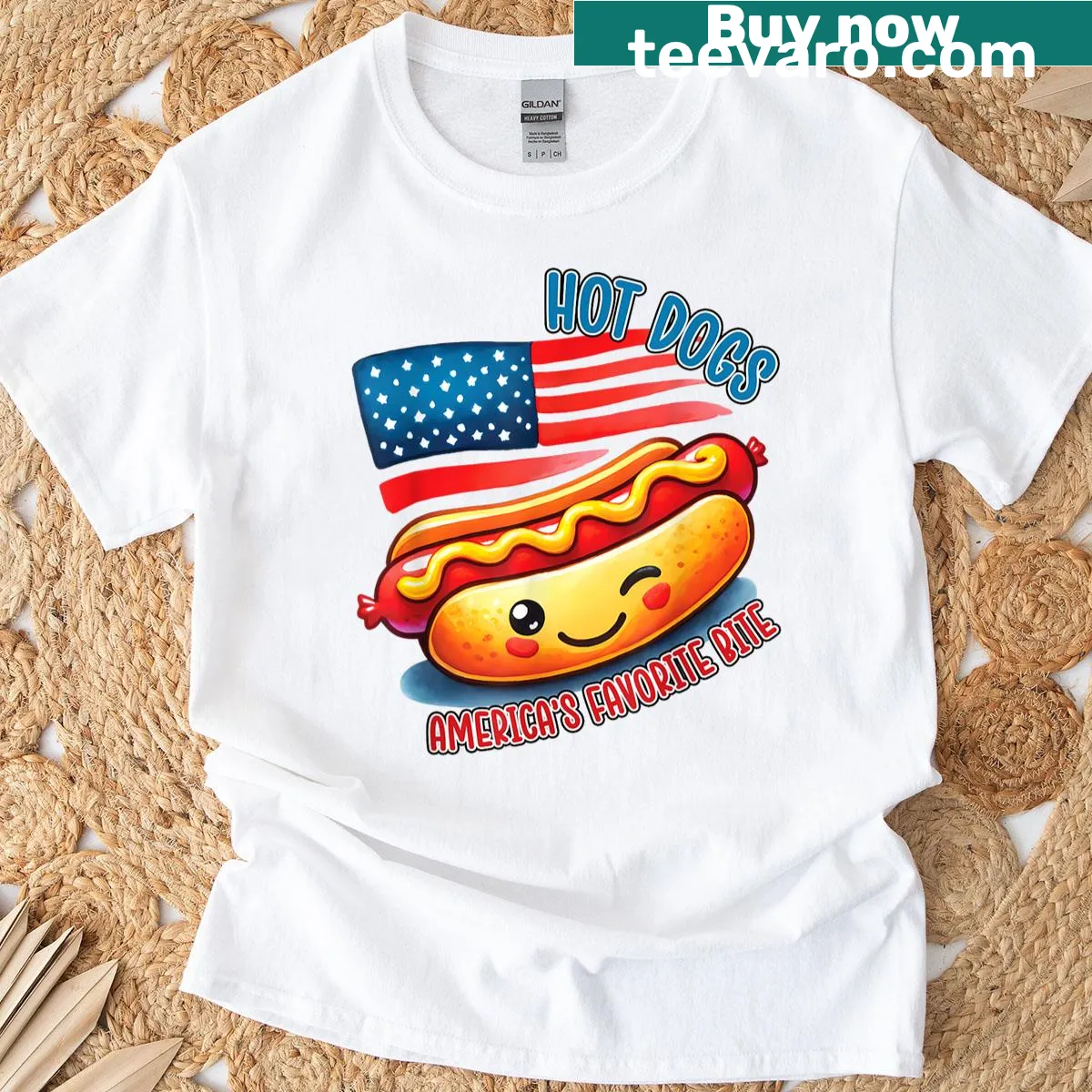 Hot dog design with American flag for Independence Day — on a men's t-shirt