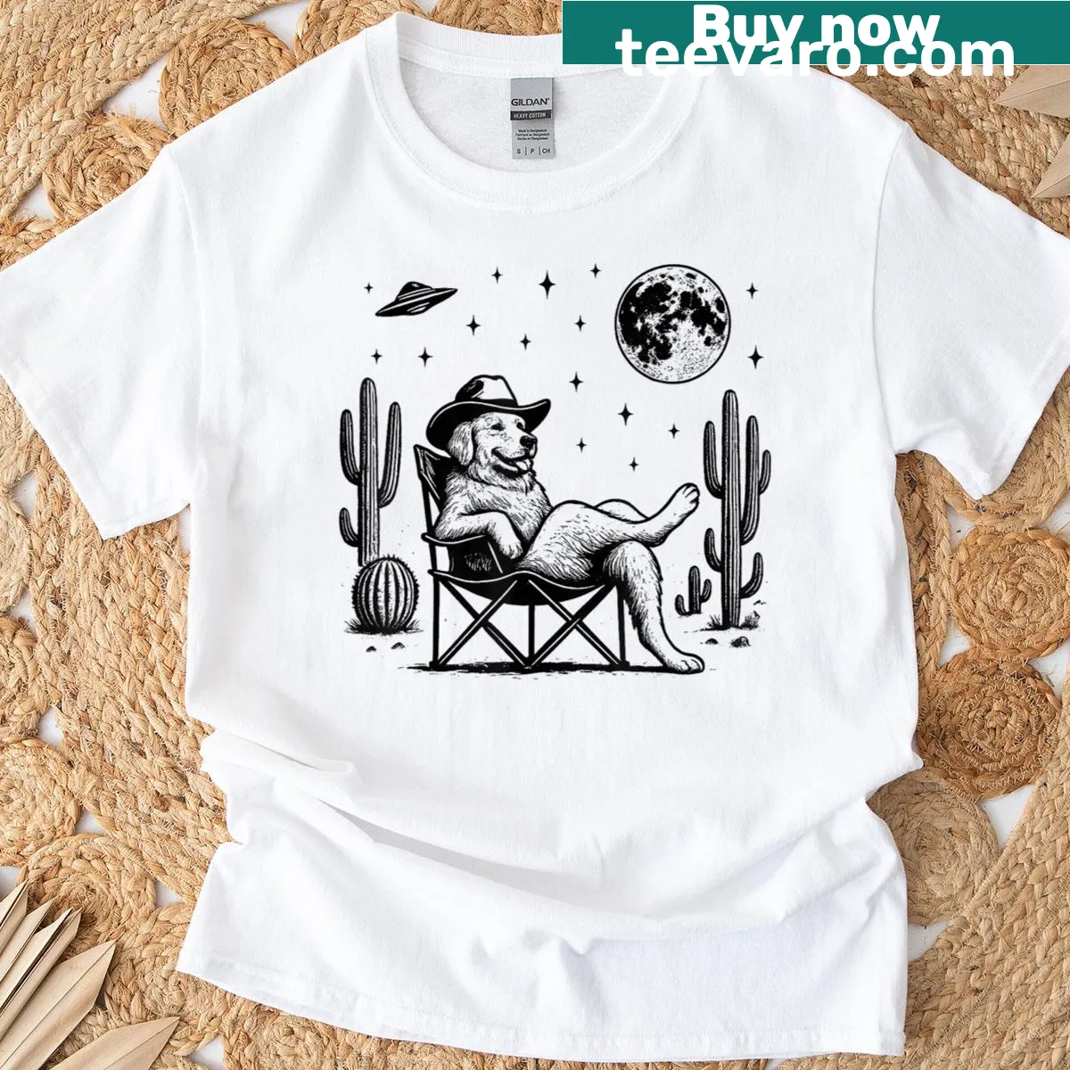 Vintage-style T-shirt with Golden Retriever and cowboy design — on a men's t-shirt