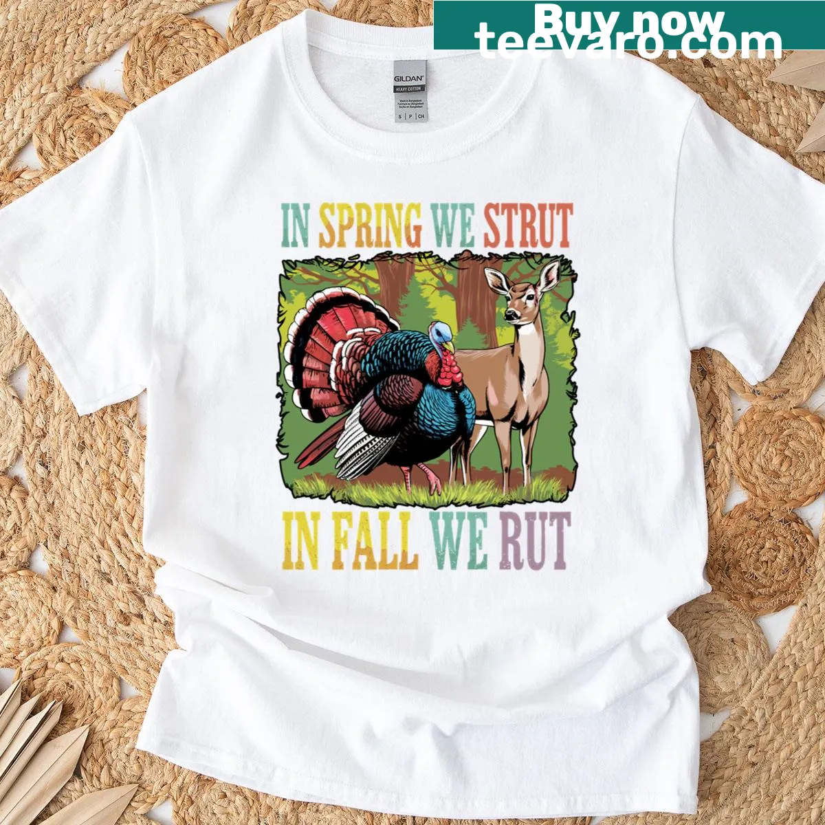 Vintage graphic for turkey and deer hunting enthusiasts — on a men's t-shirt