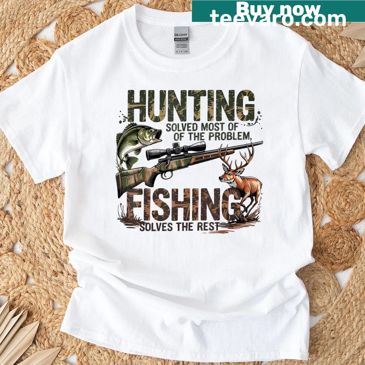 Humorous T-shirt with the phrase about hunting and fishing solutions — on a men's t-shirt