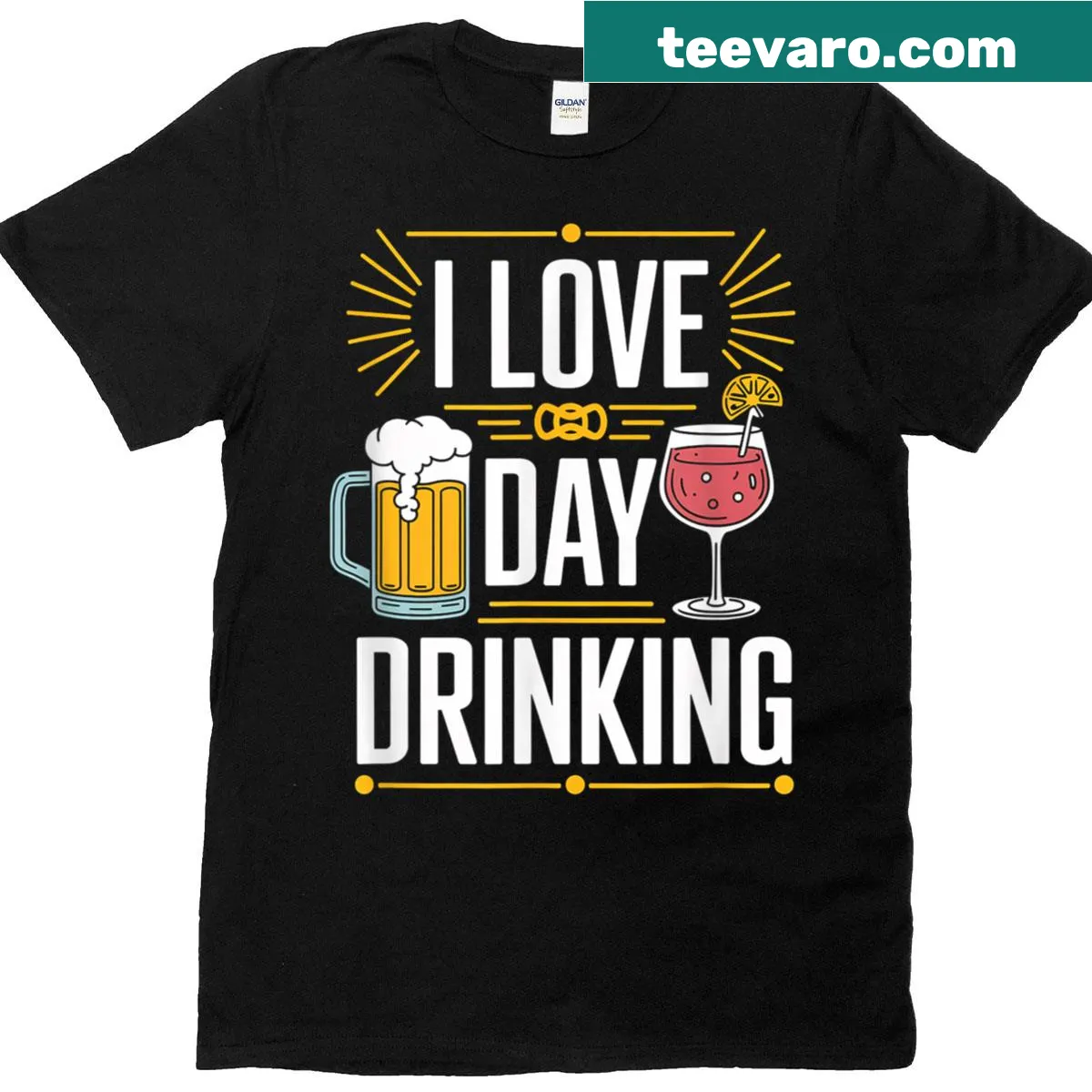 T-shirt with playful text about day drinking beer and wine — on a men's t-shirt