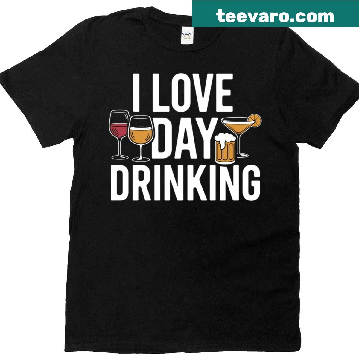T-shirt celebrating day drinking with wine, beer, and cocktails — on a men's t-shirt