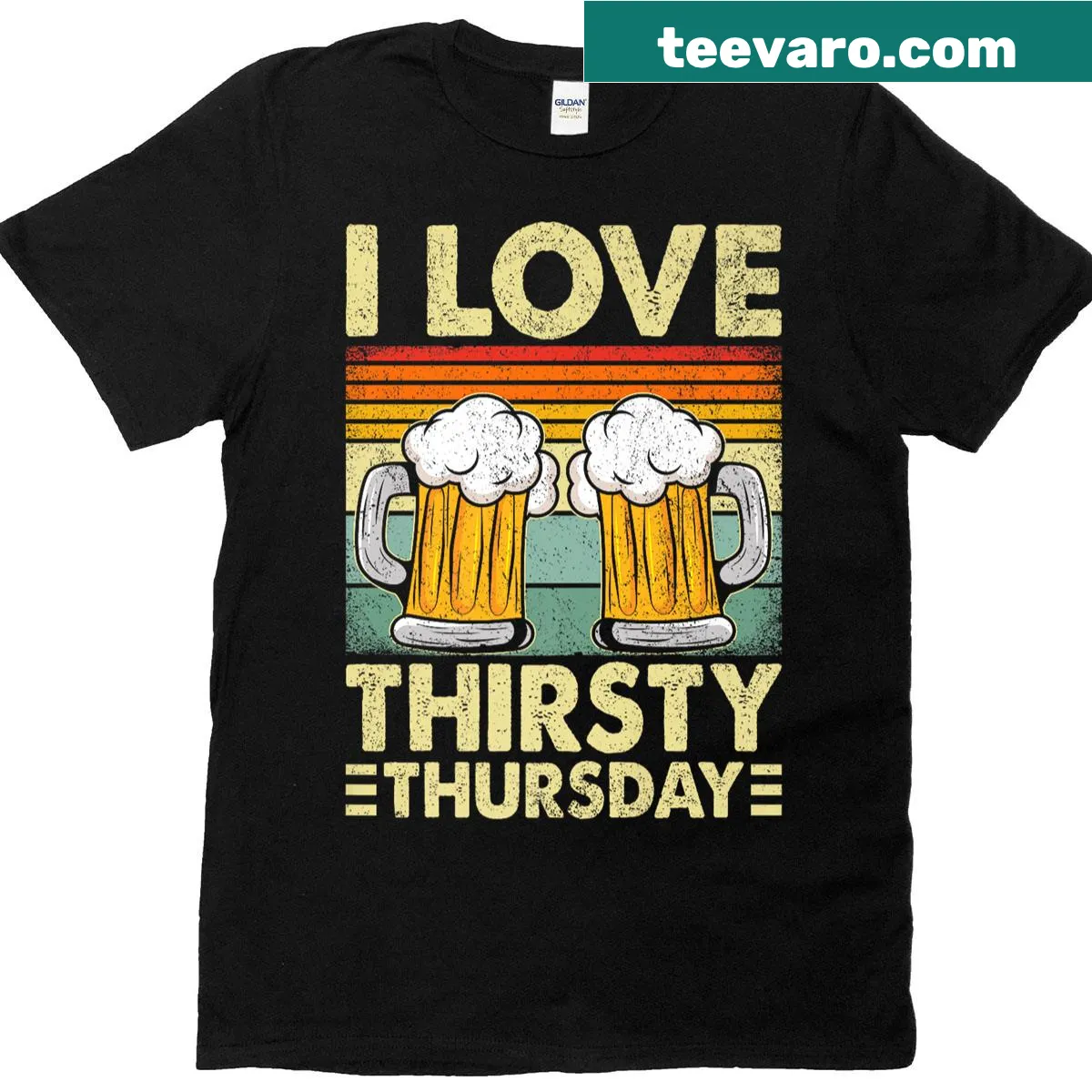Graphic tee celebrating Thirsty Thursday and happy hour in bold text — on a men's t-shirt