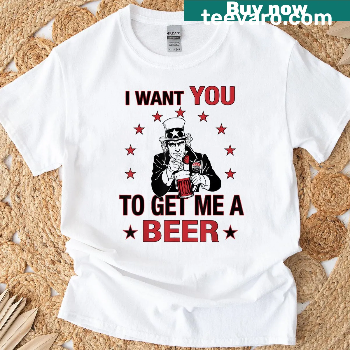 Fourth of July-themed T-shirt with Uncle Sam saying, 'I Want You To Get Me A Beer.' — on a men's t-shirt