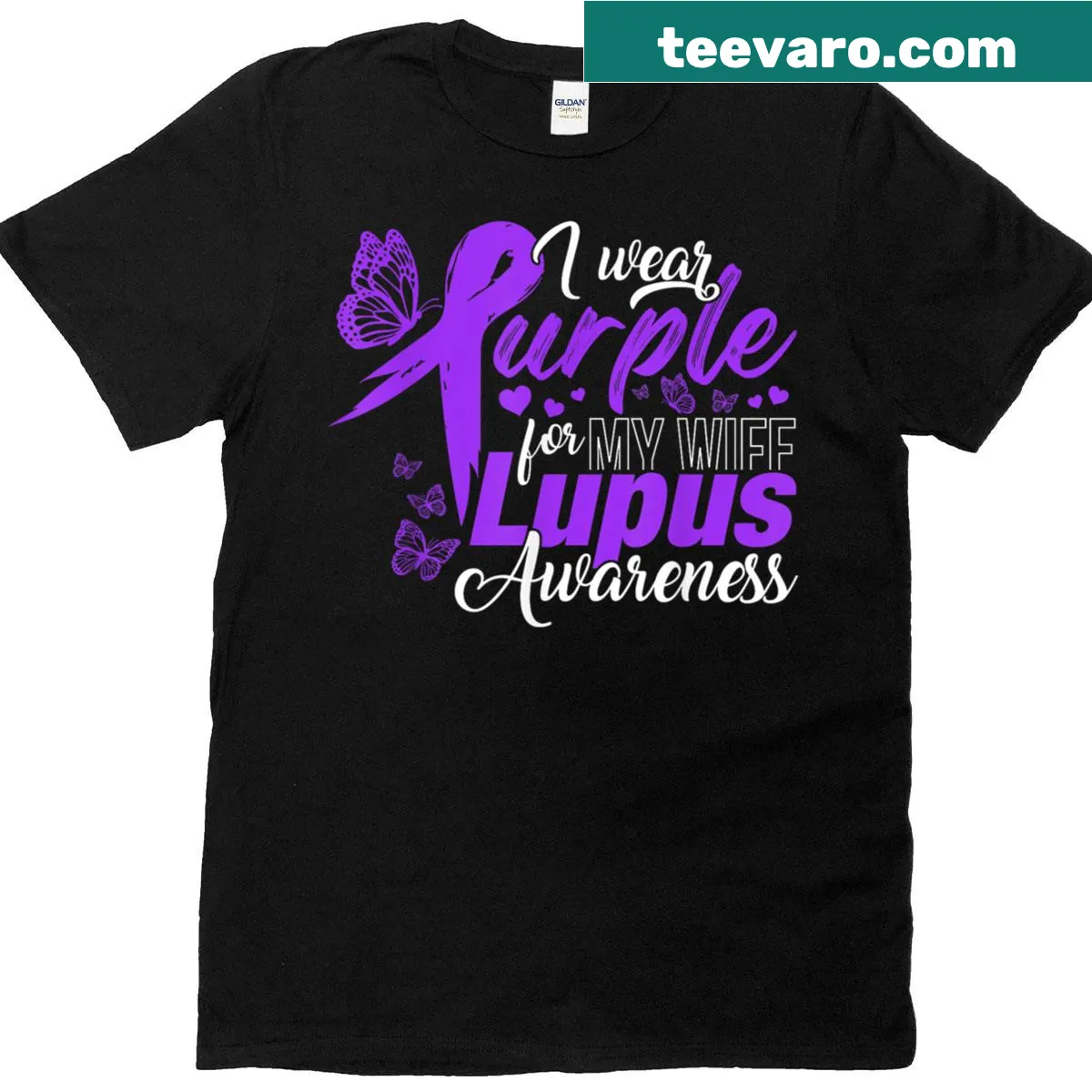 Support shirt featuring 'I Wear Purple For My Wife' and lupus awareness ribbon. — on a men's t-shirt