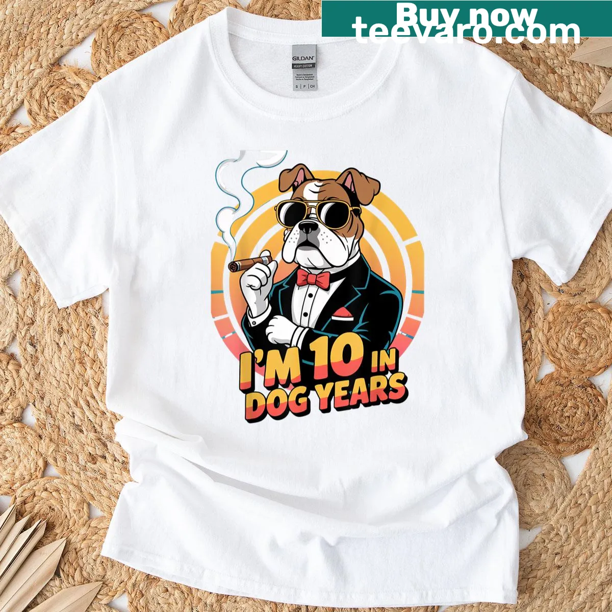 Funny retro T-shirt stating 'I'm 10 In Dog Years' — on a men's t-shirt