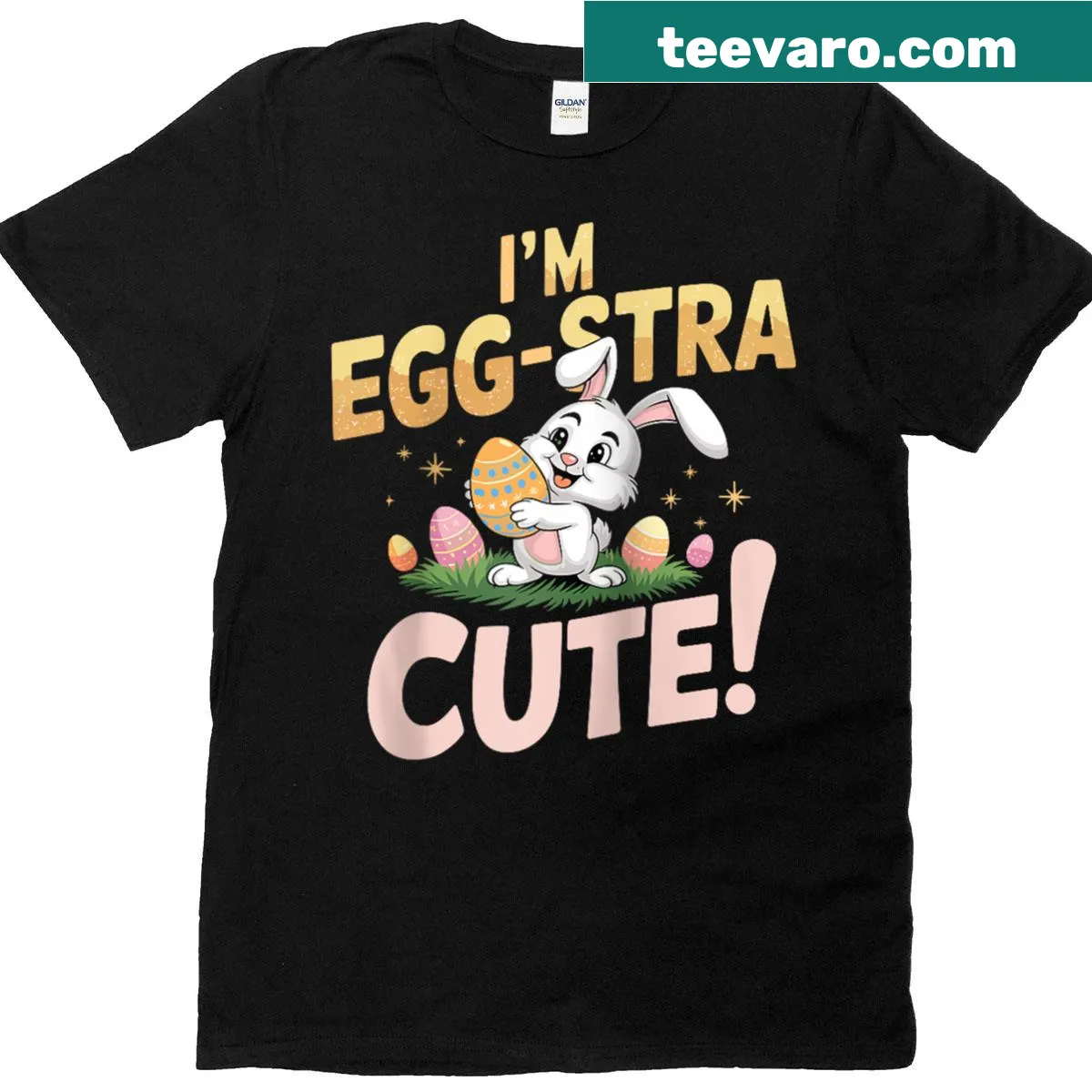 Raglan tee with 'I'm Egg-stra Cute' and a bunny graphic for kids — on a men's t-shirt