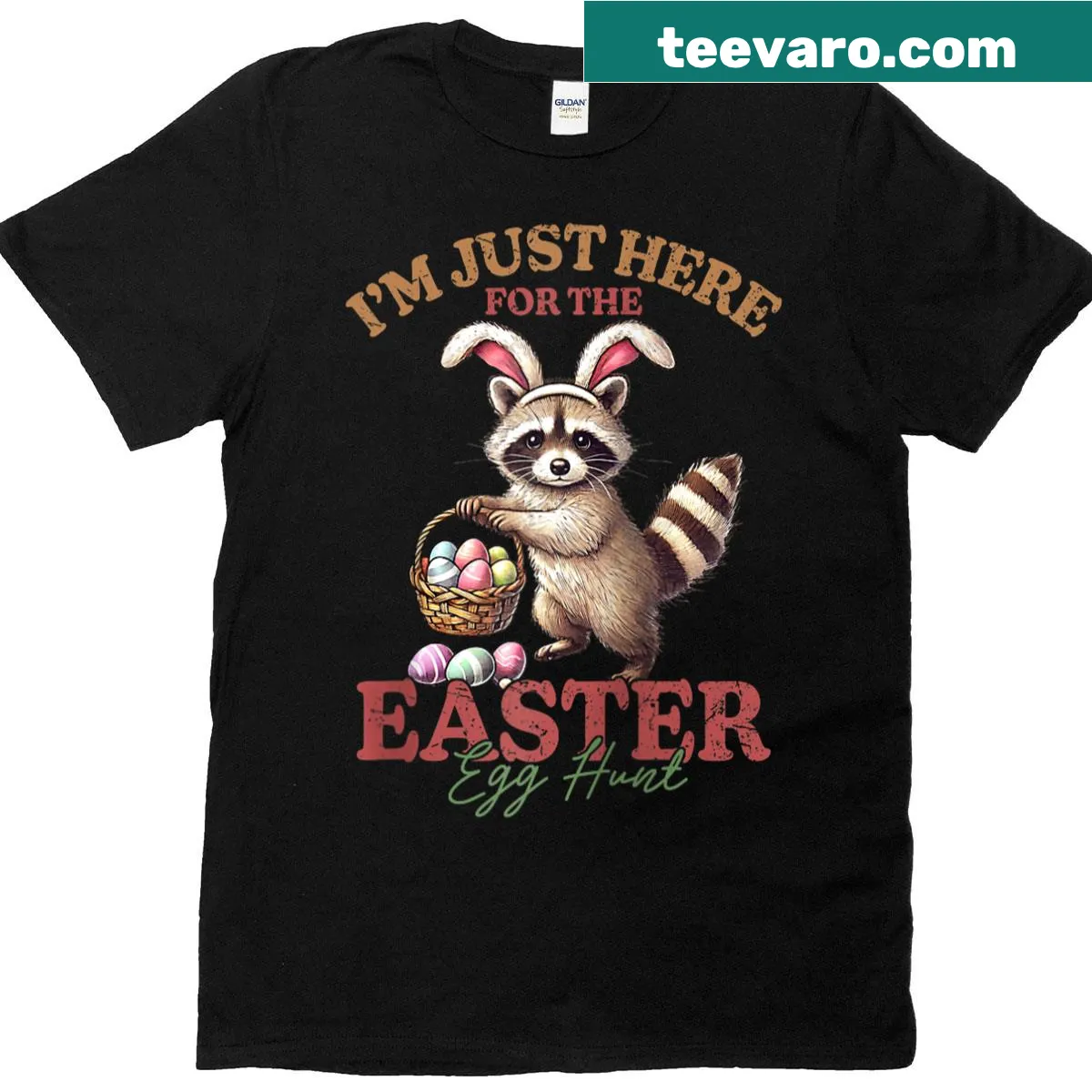 Raglan tee with 'I'm Just Here For The Easter Egg Hunt' and a raccoon graphic — on a men's t-shirt