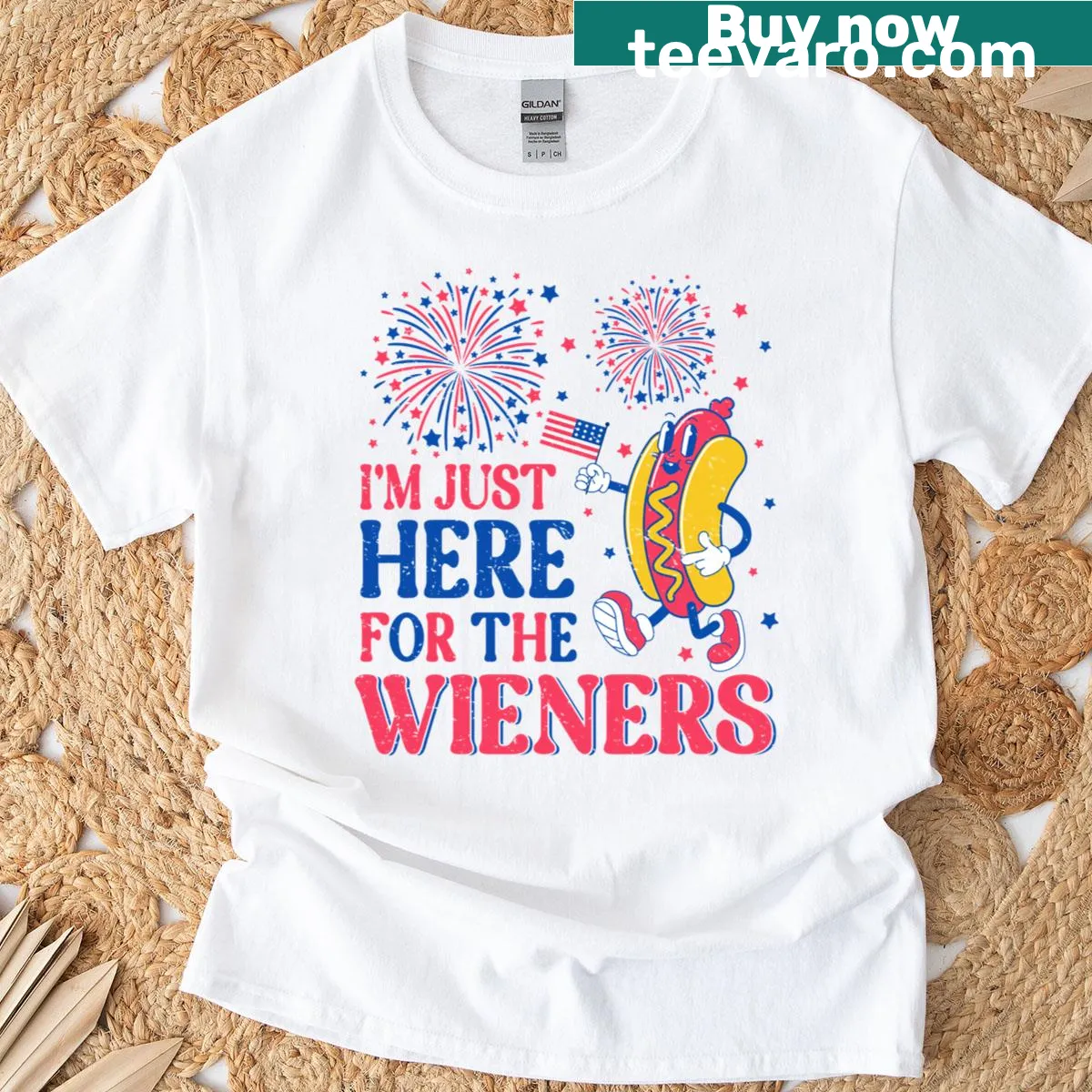 Funny T-shirt for Fourth of July with hot dog theme — on a men's t-shirt