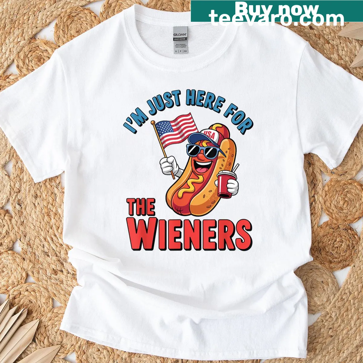 Funny hotdog-themed T-shirt for Fourth of July — on a men's t-shirt