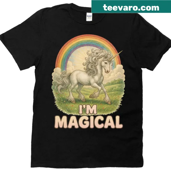 Vintage unicorn design T-shirt with rainbow and sun graphics