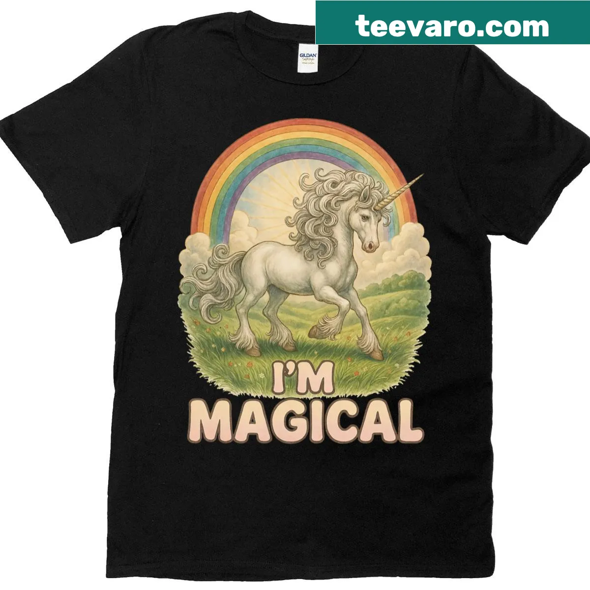 Vintage unicorn design T-shirt with rainbow and sun graphics — on a men's t-shirt