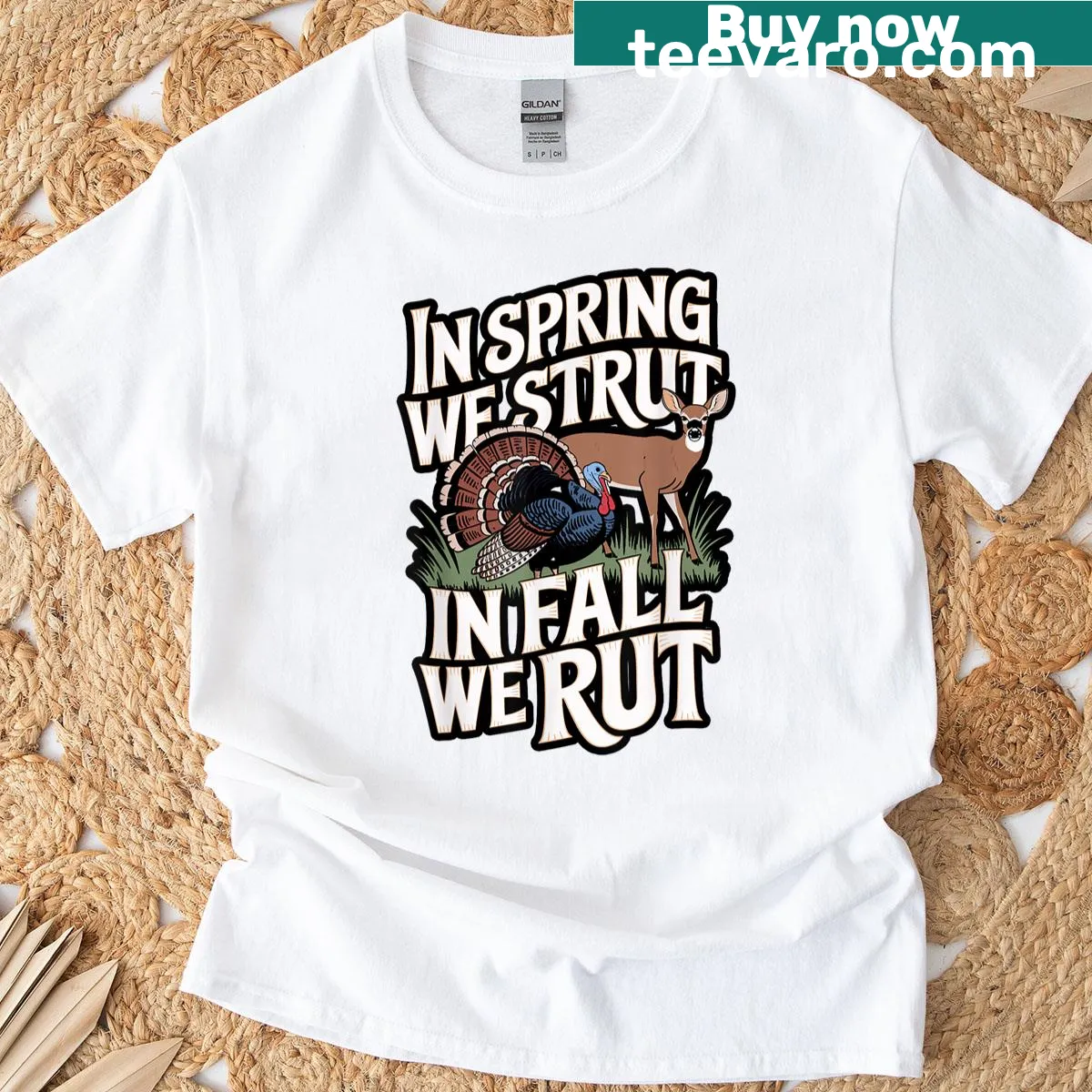 Illustrated Turkey and Deer design with humorous text for hunters. — on a men's t-shirt