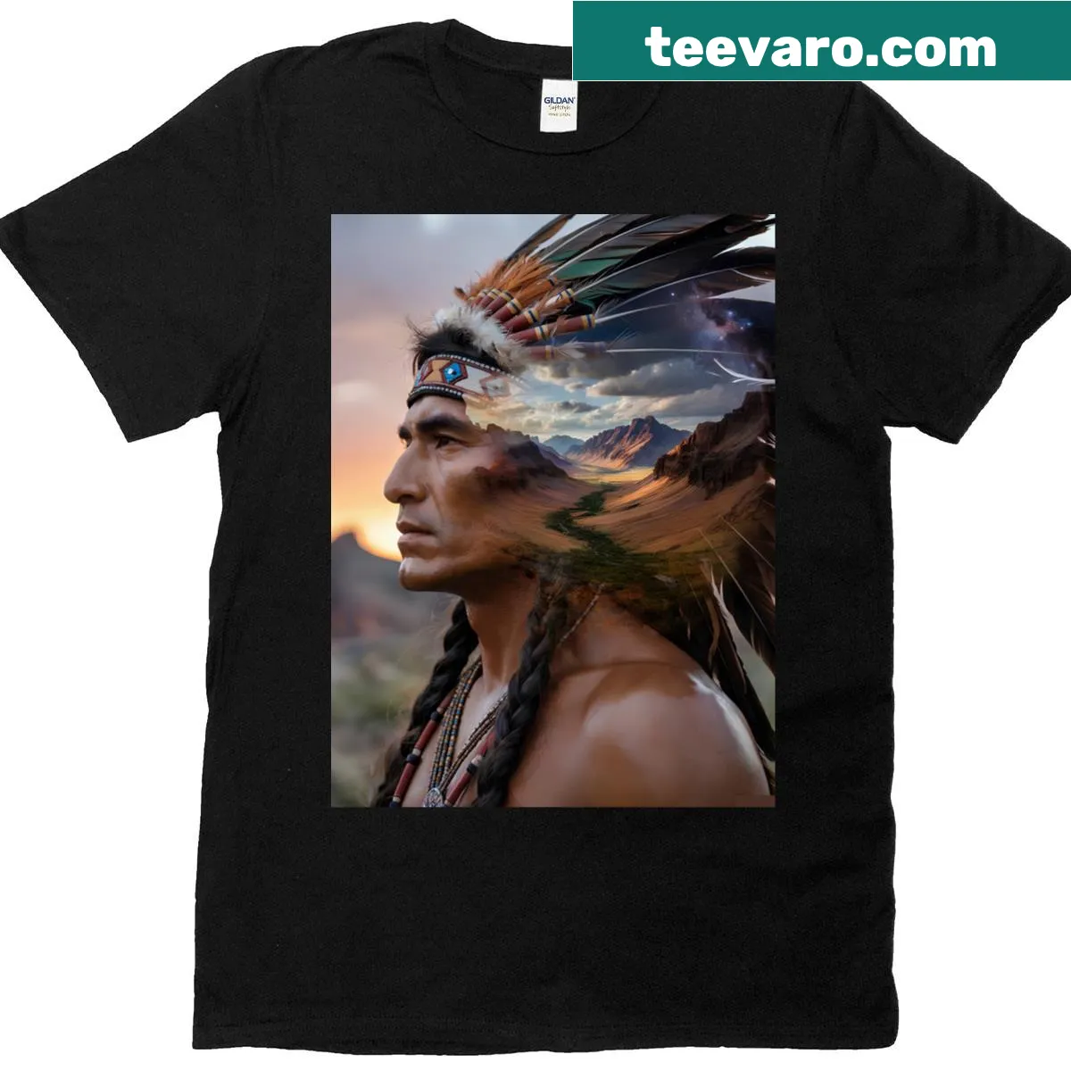Illustration of an Indian chief with desert landscapes graphic. — on a men's t-shirt