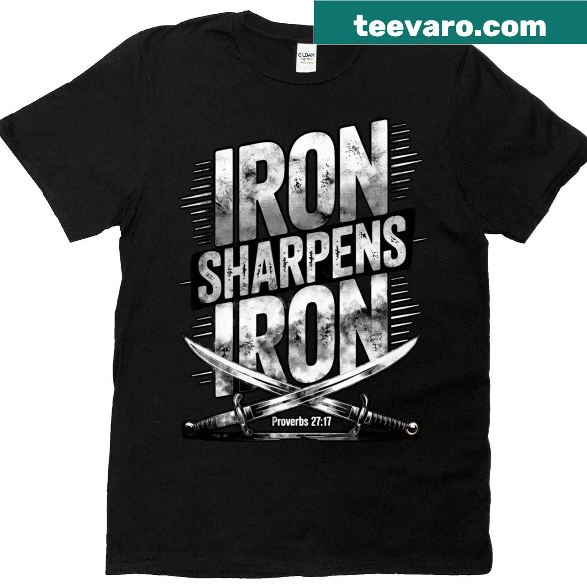 Typography design featuring the quote 'Iron Sharpens Iron.' — on a men's t-shirt