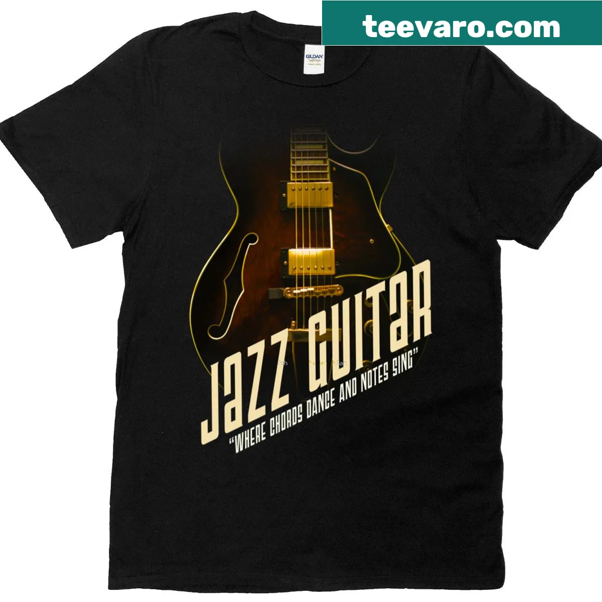 Artistic jazz guitar t-shirt with dancing chords and singing notes — on a men's t-shirt
