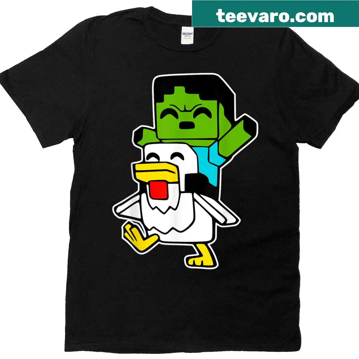 Funny pixel art gamer t-shirt with zombie chicken — on a men's t-shirt