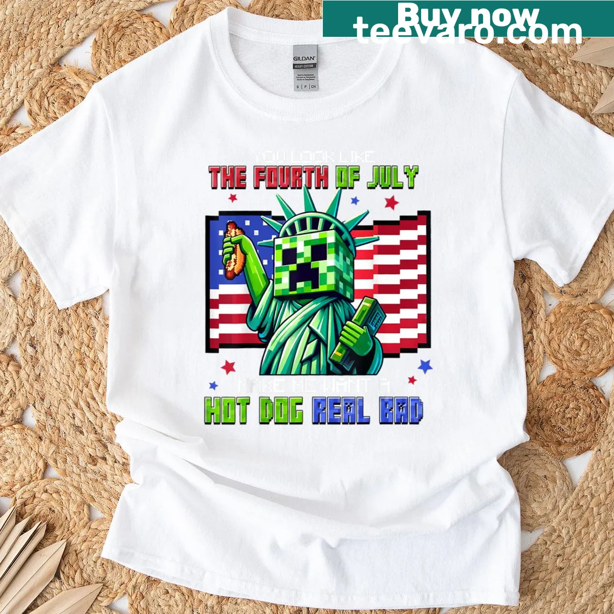 Pixel art hot dog design for kids celebrating Fourth of July — on a men's t-shirt
