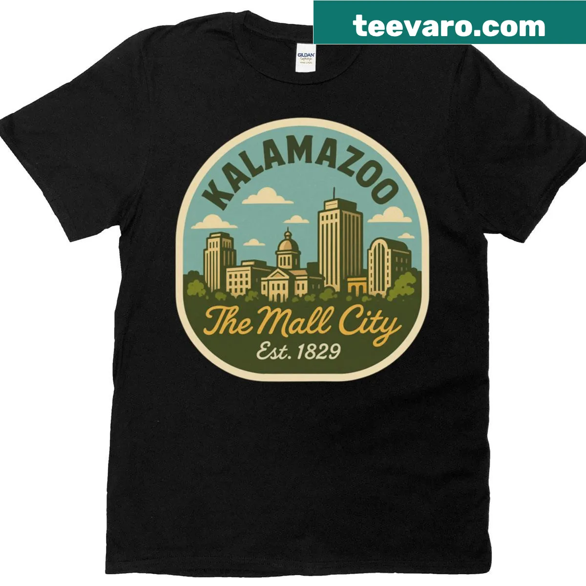 Retro Kalamazoo skyline sunset design on a shirt — on a men's t-shirt