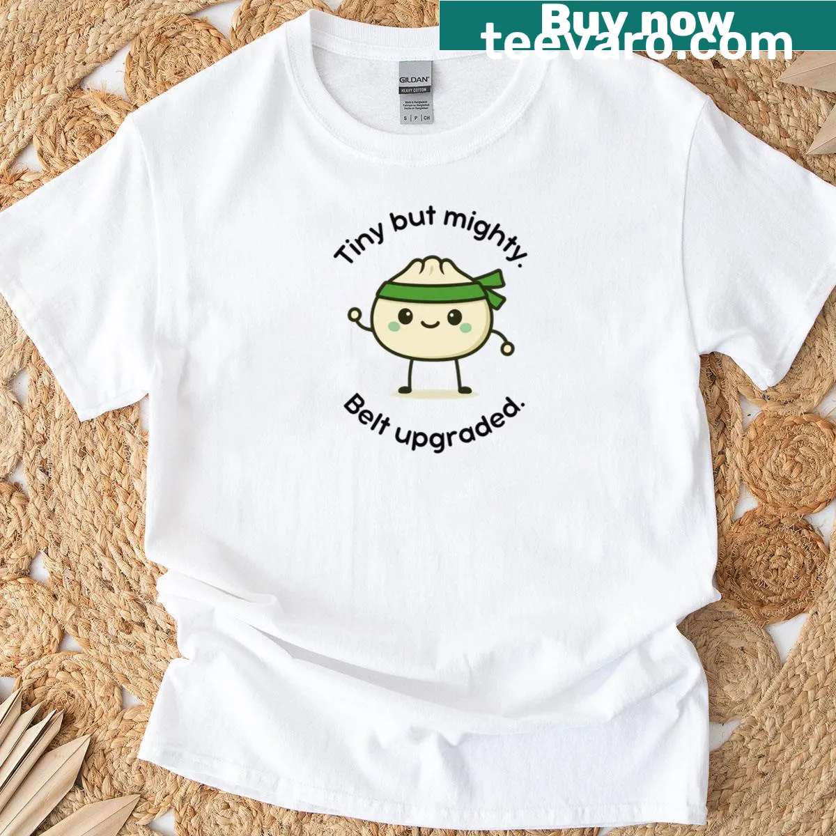 Kawaii martial arts dumpling with green belt illustration — on a men's t-shirt