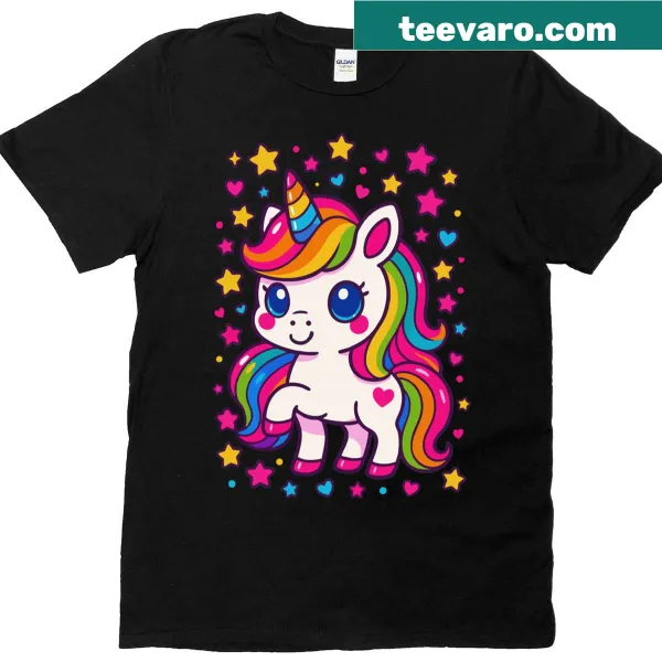 Cute kawaii unicorn with stars and hearts printed on a t-shirt