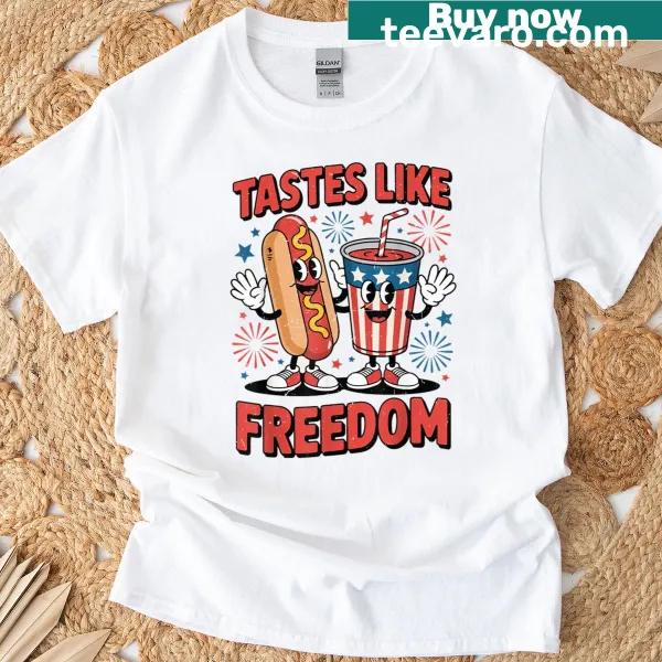 Boys' patriotic t-shirt featuring hot dogs, soda, and the phrase 'Tastes Like Freedom'
