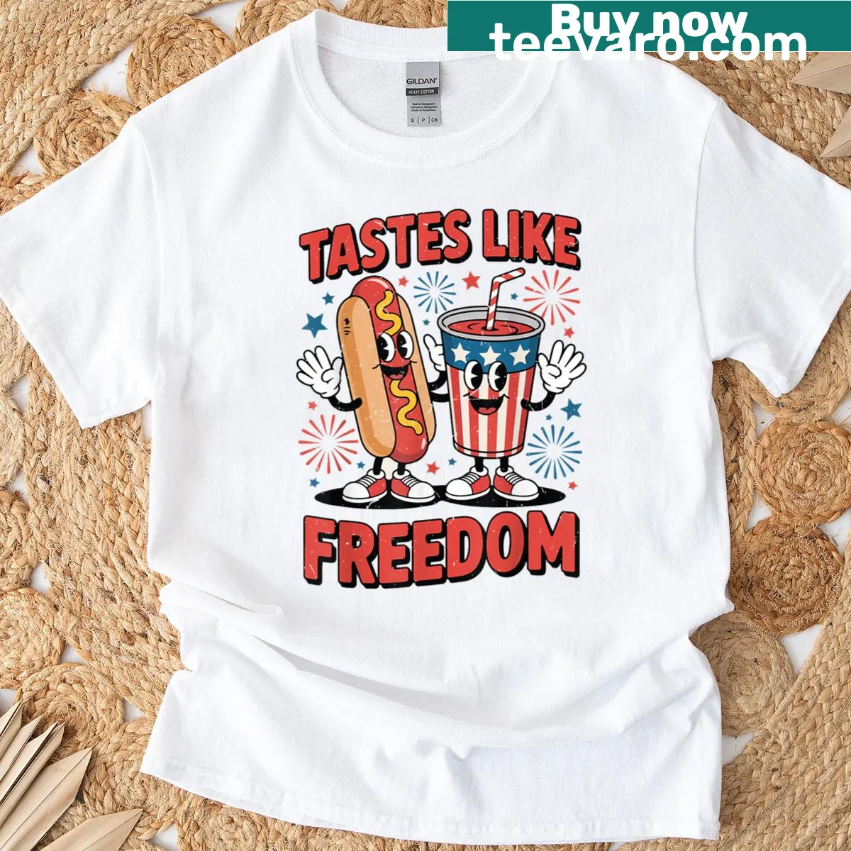 Boys' patriotic t-shirt featuring hot dogs, soda, and the phrase 'Tastes Like Freedom' — on a men's t-shirt