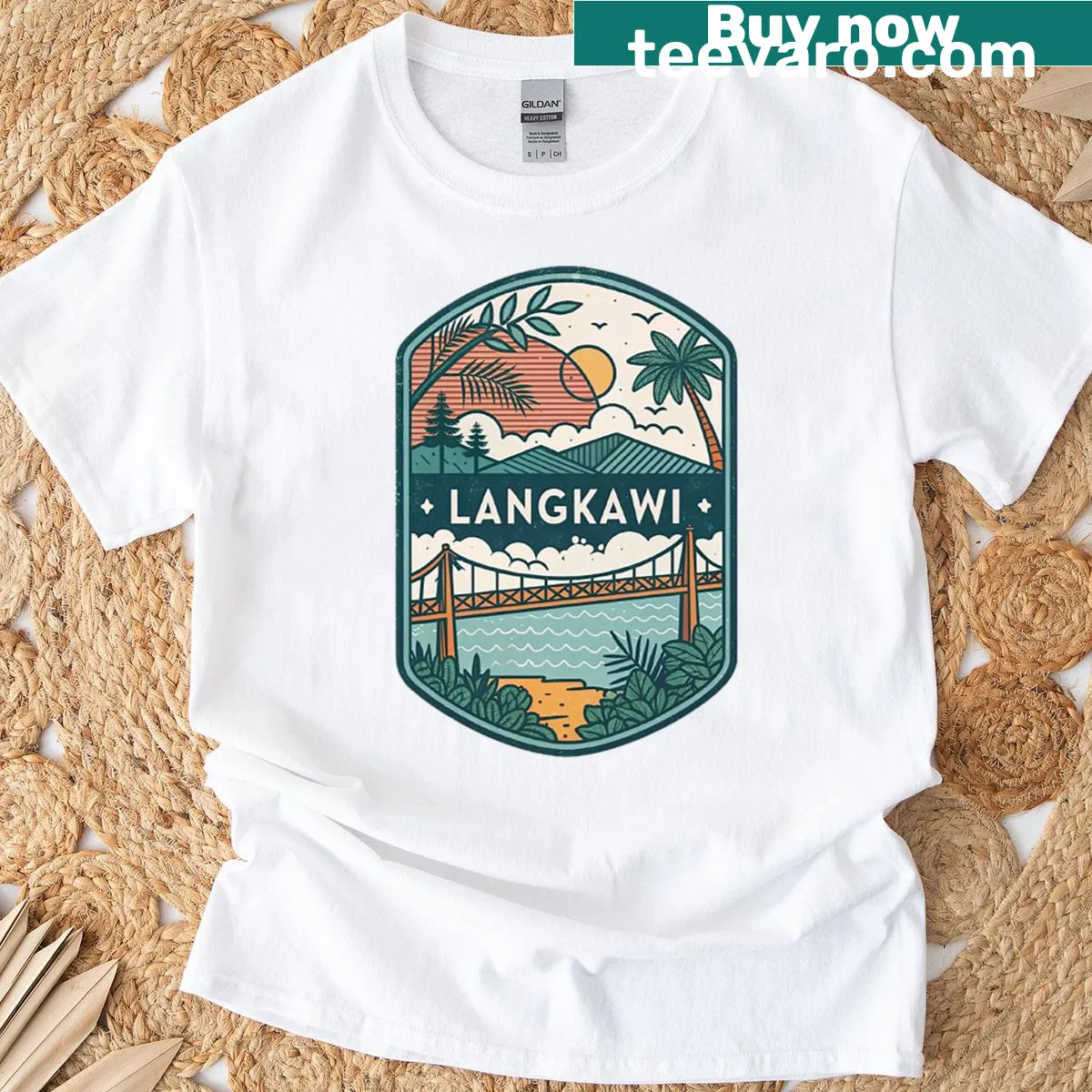 Illustrated t-shirt inspired by Langkawi's landscapes — on a men's t-shirt