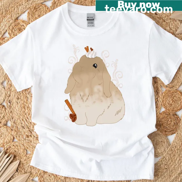 Cute bunny enjoying a latte on a T-shirt for coffee lovers.