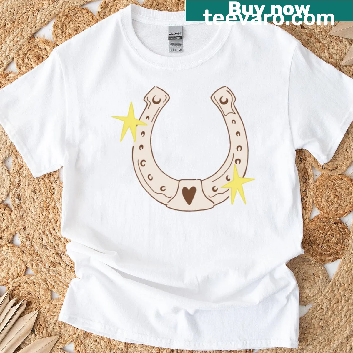 Vintage-style T-shirt featuring a lucky horseshoe graphic. — on a men's t-shirt