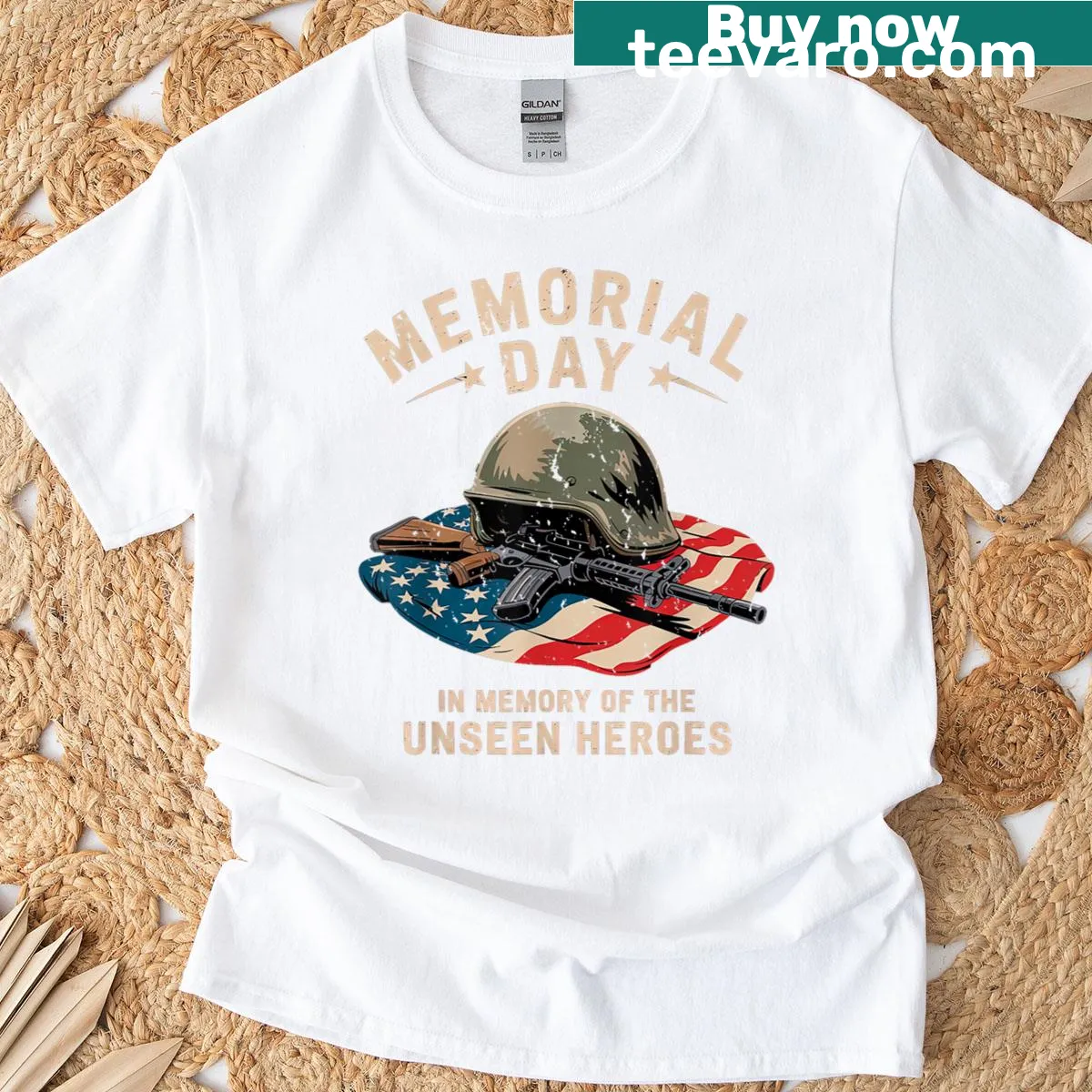 Military-themed T-shirt honoring fallen heroes with boots and dog tags — on a men's t-shirt