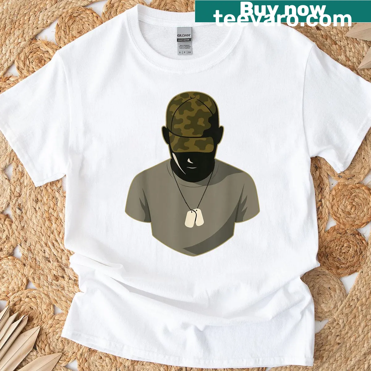 Camouflage T-shirt with military hat and dog tags design — on a men's t-shirt