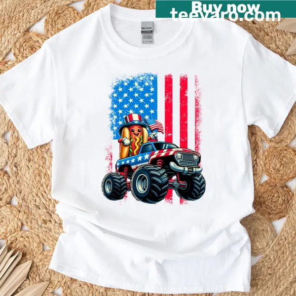 Patriotic t-shirt featuring a monster truck and hotdog design for Fourth of July