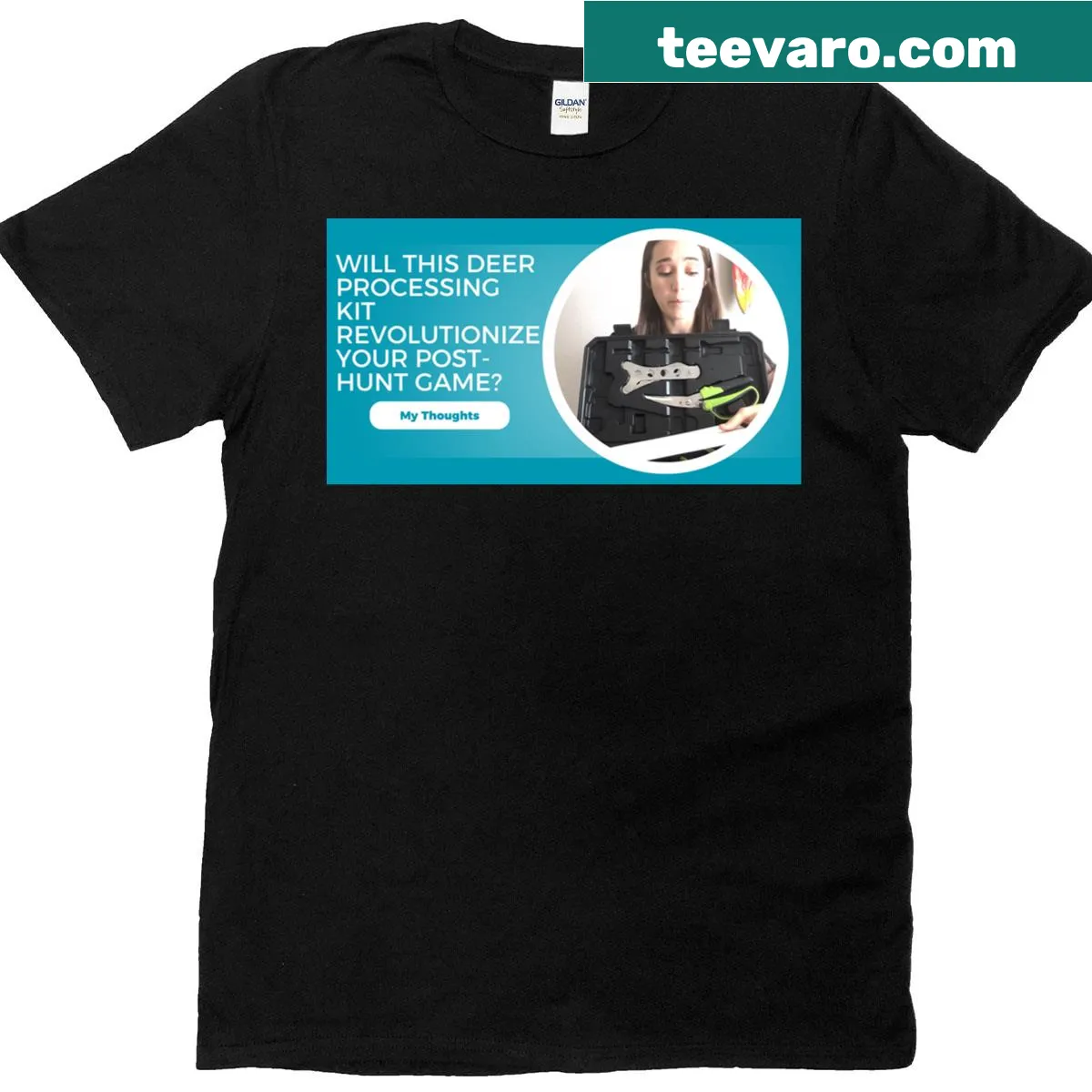 Illustrative t-shirt showing tools related to hunting and processing game. — on a men's t-shirt