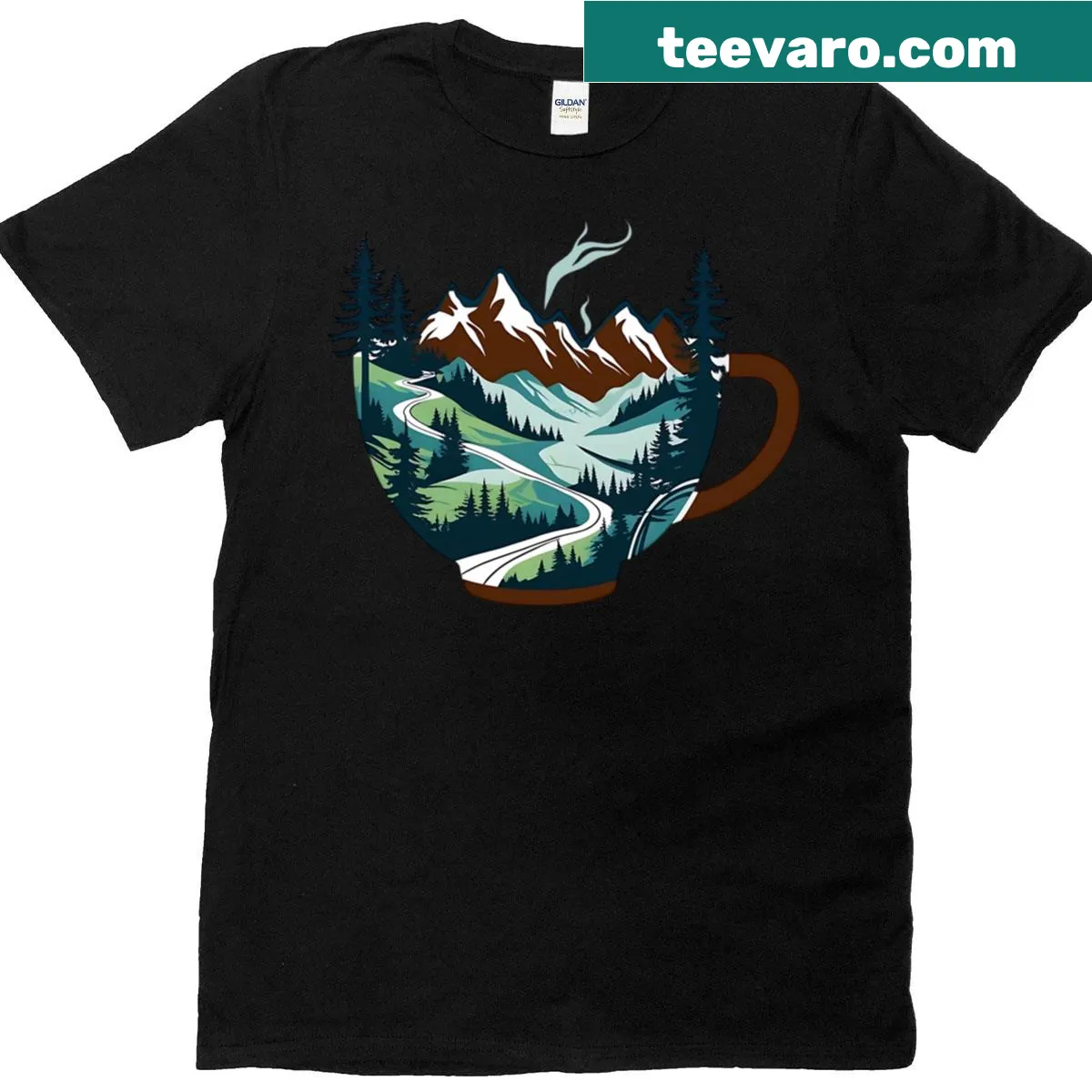 Illustration of mountains in a coffee cup — on a men's t-shirt