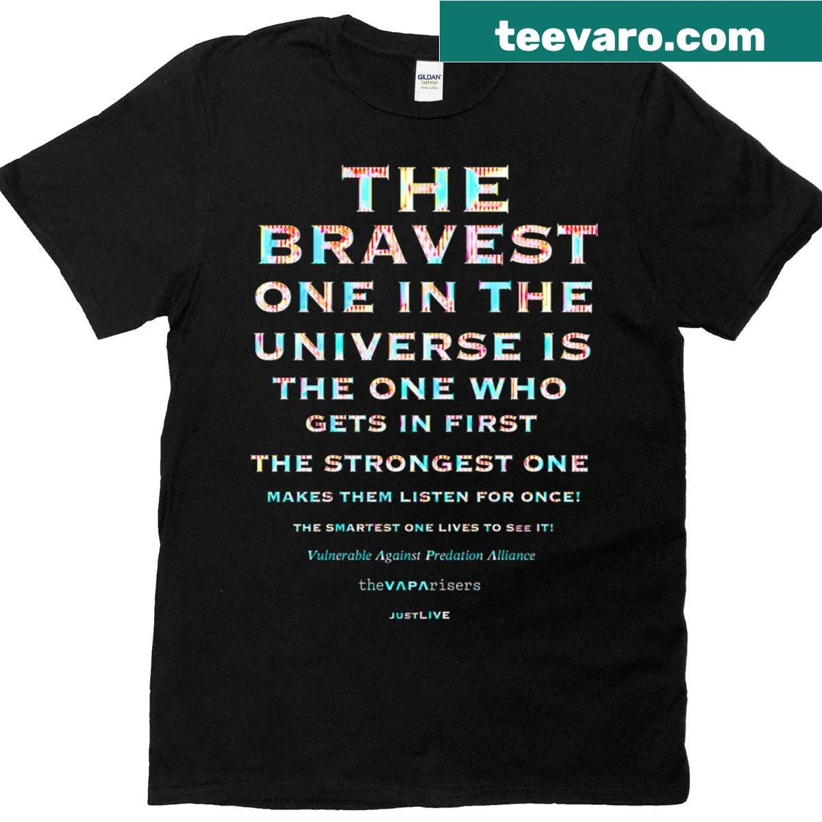 Inspirational t-shirt with text 'My God Is Me Just Live' — on a men's t-shirt