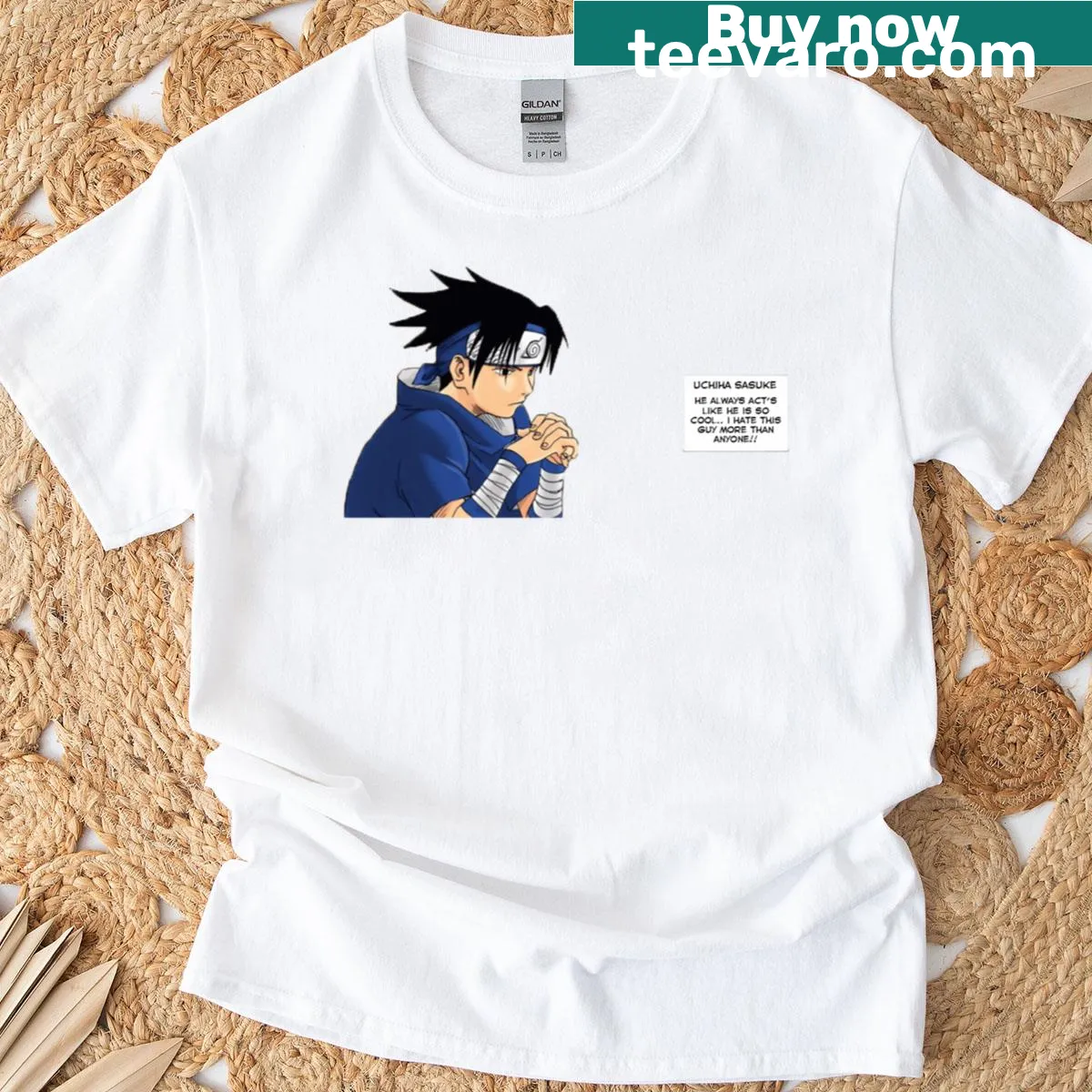 T-shirt featuring humorous text about Naruto's thoughts on Sasuke — on a men's t-shirt