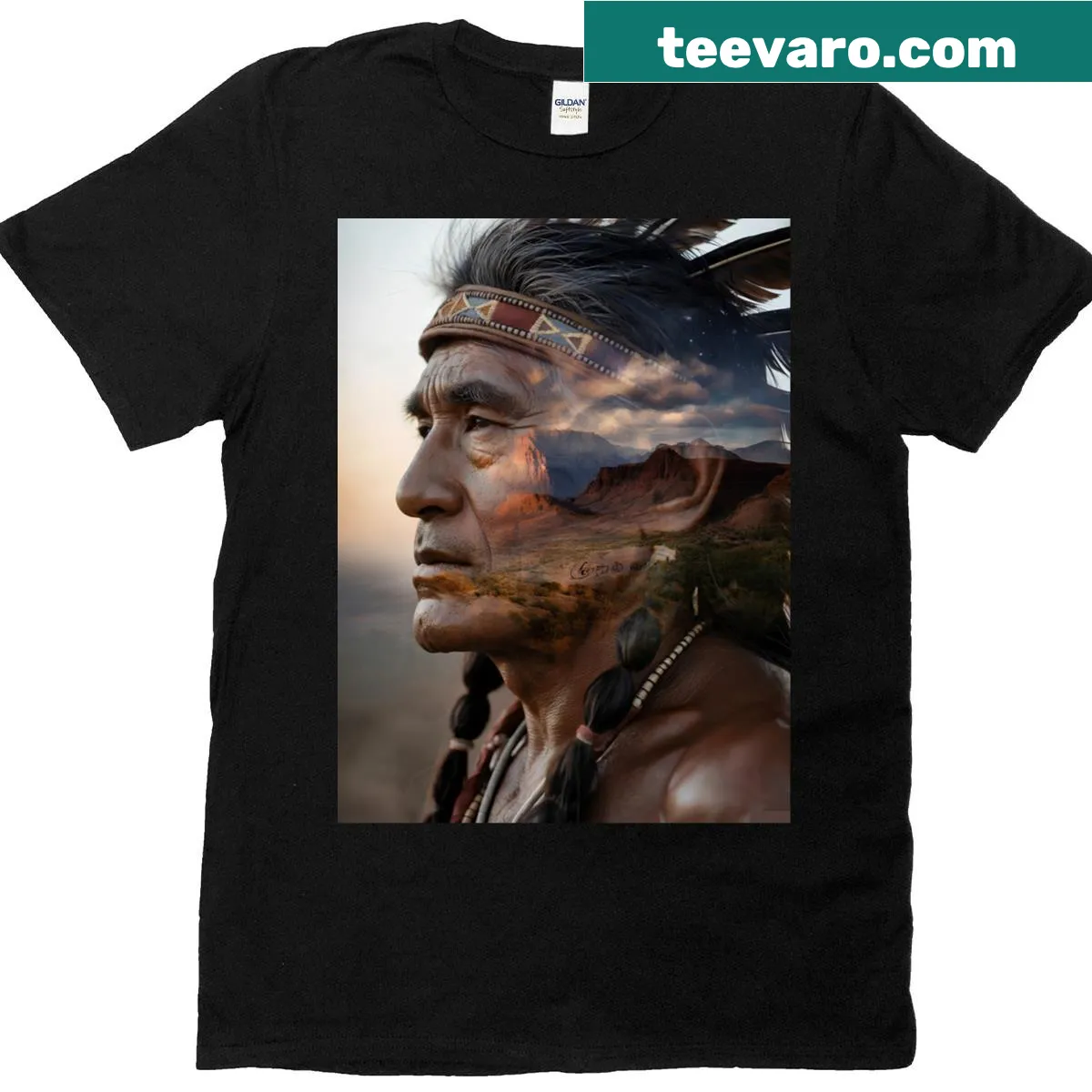 Double exposure graphic of an Indian chief with desert landscapes — on a men's t-shirt