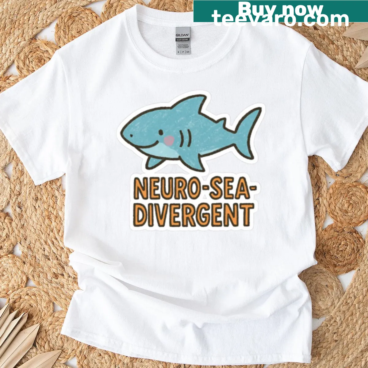Whimsical shark illustration on t-shirt representing neuro-diversity — on a men's t-shirt
