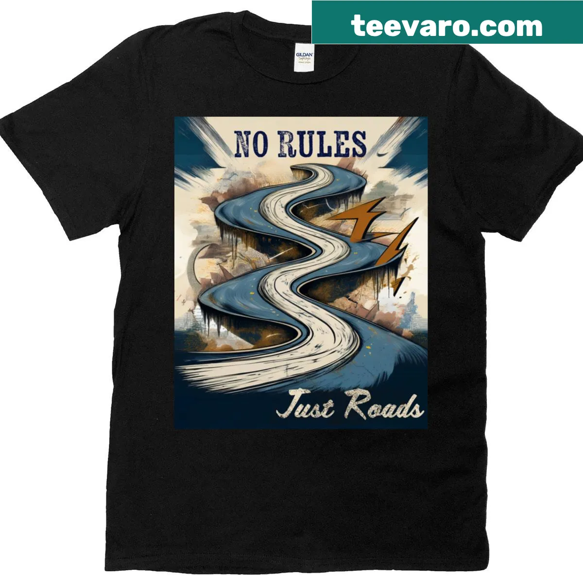 T-shirt with the phrase 'No Rules Just Roads' in bold letters — on a men's t-shirt