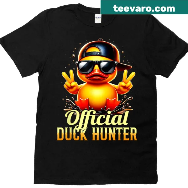 Funny T-shirt with cartoon rubber duck dressed for duck hunting