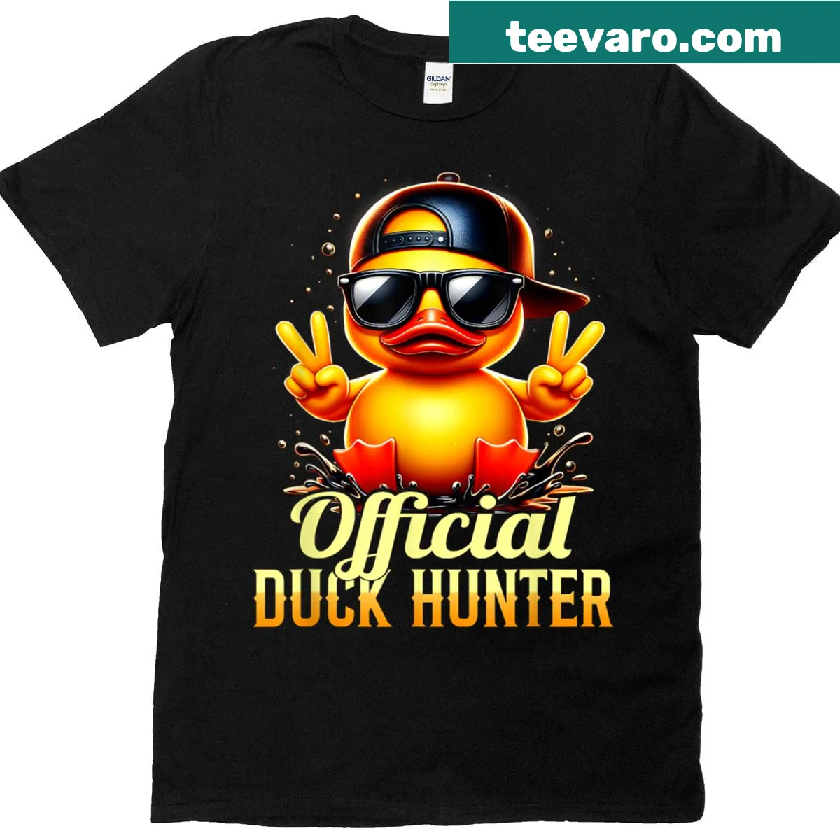 Funny T-shirt with cartoon rubber duck dressed for duck hunting — on a men's t-shirt