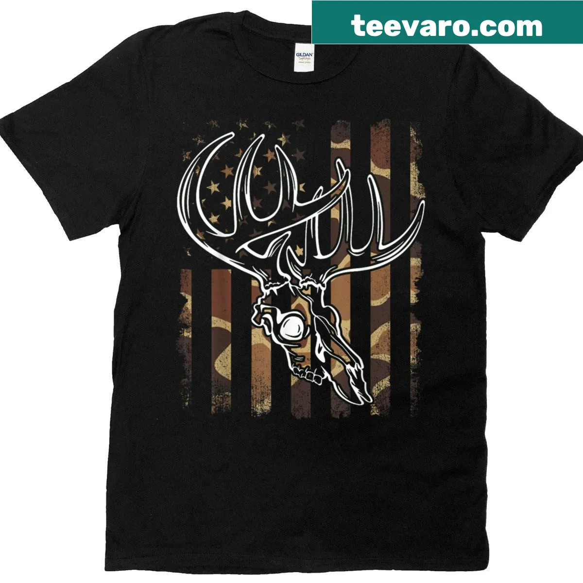 Vintage t-shirt with American flag and camo deer skull graphic — on a men's t-shirt